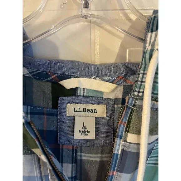 LL BEAN Women’s PATCHWORK Hoodie Anorak SHIRT 1/2 Zip Green Blue Size Large - Picture 5 of 7